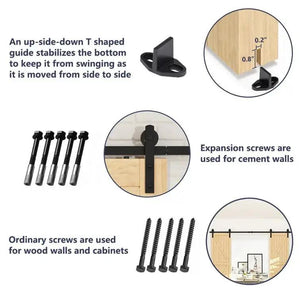 HAUSVITA Barn Door Track Kit for Double Door in black steel; includes 6 wood-wall screws and 6 cement anchors.