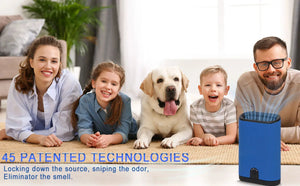 Portable Ozone Generator Air Purifier by JHY DESIGN in blue, shown with a smiling family and their dog in a living room.