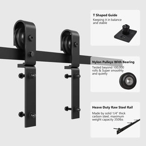 Bi-Folding Sliding Barn Door Hardware Track Kit, black steel with nylon pulleys and two rollers