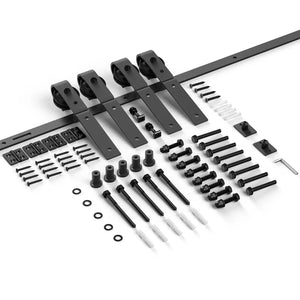 Bi-fold sliding barn door hardware track kit with black metal brackets, rollers, screws and spacers.