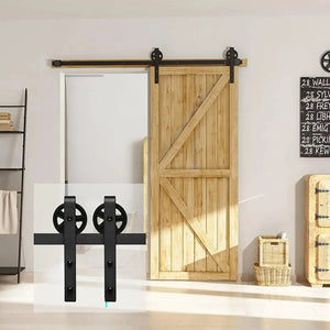 HAUSVITA sliding barn door hardware kit with black steel track and large spoked wheels, wall-mounted