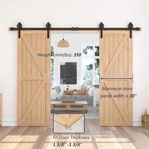 HAUSVITA Big Spoke Wheel sliding barn door hardware kit; two wooden doors on black track