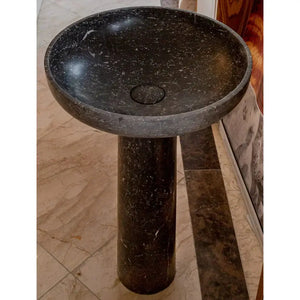 Natural Stone Black Marble Stand-alone Pedestal Sink by Villohome, round polished basin on a cylindrical pedestal, 20 dia x 33.5 in high