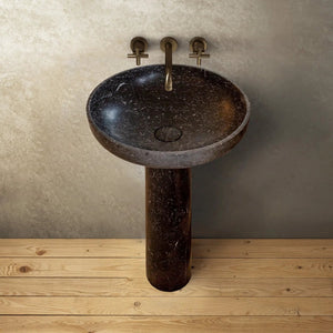 Natural stone black marble stand-alone pedestal bathroom sink with bronze cross-handle faucet