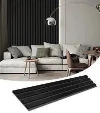 HAUSVITA Solid Wood Acoustic Slat Wall Panels Broad Strip in black; bundle of slats for living room acoustics.