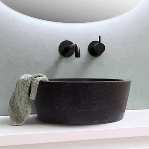 Stone sink Villohome Black Andesite, tapered above-vanity bowl with matte honed finish