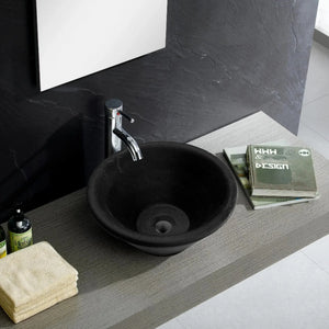 Bathroom sink Villohome black Andesite natural stone, round vessel 16 in diameter, honed-matte finish