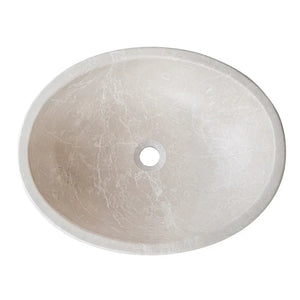 Botticino marble oval above-counter vanity vessel sink, honed natural stone finish; 20.5in L x 16in W x 6in H