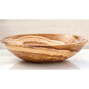 Brown onyx translucent vanity vessel sink, polished natural stone, 16-inch diameter bathroom sink