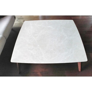 Villohome Burdur Beige Marble Coffee Table, rectangular top with polished, eased edges and brown wooden legs