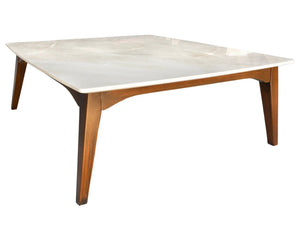 Burdur Beige Marble Coffee Table by Villohome; rectangular with polished edge and wooden tapered legs.