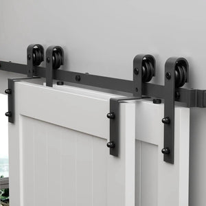 HAUSVITA Bypass sliding barn door hardware kit Basic J pulleys, 4 black rollers on top track