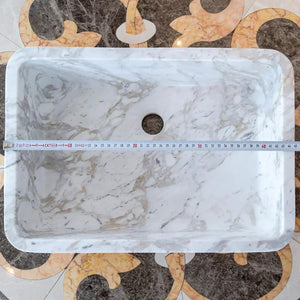 European Sugar Marble rectangular farmhouse sink, Villohome, semi-polished white-gray marble.