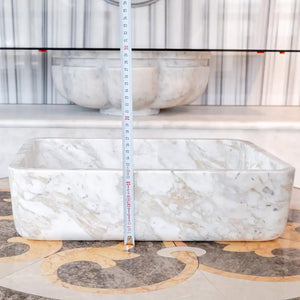 European Sugar Marble rectangular farmhouse sink by Villohome, semi-polished white marble.