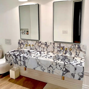 Calacatta Viola marble double sink wall-mount bathroom sink by Villohome with gold faucets and 10-inch backsplash