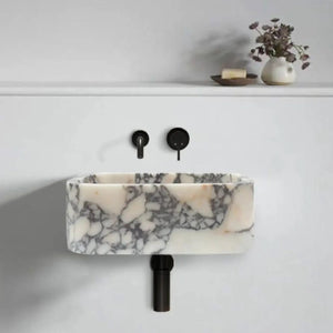Calacatta Viola marble rectangular wall-mount bathroom sink by Villohome, 18x12x6 inches, black fixtures.