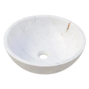 Calacatta White Marble Vessel Sink by Villohome, round bathroom sink with rough exterior.