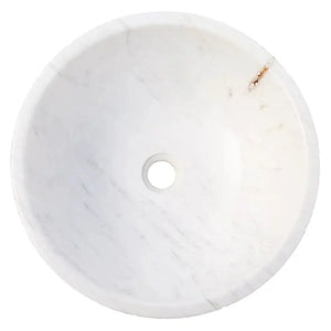 Calacatta White Marble Vessel Sink; round white basin with gray veining for bathroom vanity.