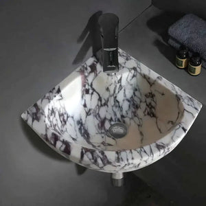 Calacatta Viola marble wall-mount bathroom corner vanity sink by Villohome, 12x12x6 inches