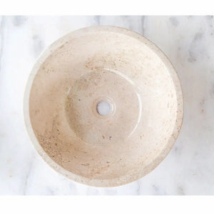 Cappuccino beige marble vessel sink, round above-counter vanity basin, 16-inch diameter, polished finish.