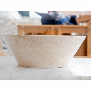 Villohome cappuccino beige marble V-shaped tapered bathroom sink, polished stone, 16 inch diameter, 6 inch high.