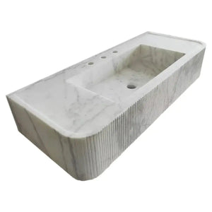 Carrara white marble wall-mount bathroom vanity sink with ribbed front, Villohome, 16x38 inches