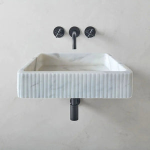 Villohome Carrara white marble wall-mount bathroom sink with ribbed front panel
