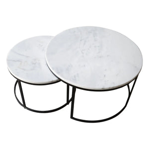 Carrara white marble nesting coffee tables by Villohome, round set of 2, polished with black metal legs.