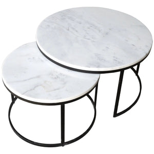 Carrara White Marble Nesting Coffee Tables, round set of 2 with black metal frames by Villohome.