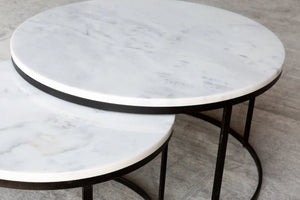 Carrara White Marble nesting coffee tables, round set of 2 by Villohome with polished tops and black metal legs