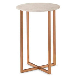 Villohome Carrara white marble round end table with copper-toned metal frame.