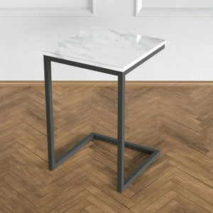 End/Side table with Carrara white marble square top and dark gray metal frame.
