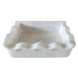Villohome Carrara White Marble wall-mount bathroom sink, rectangular with wavy front edge, 24 in L x 16 in W x 6 in H.