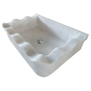 Carrara White Marble rectangular wall-mount bathroom sink with wavy edges; 16x24x6 inches, Villohome