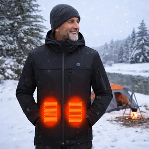 LITEGUEST 10-Zone Softshell Heated Jacket in black with front heated panels, worn by a man in a snowy campsite
