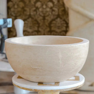 Villohome Troia Light Travertine round stone bathroom sink for above-vanity, 12.5 in diameter, 6 in high.