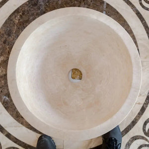 Troia Light Travertine round bathroom sink, beige natural stone, 12.5 inch diameter, vanity above-mount