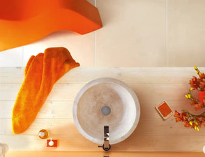 Villohome Troia Light Travertine round above-counter bathroom sink, 12.5 in diameter x 6 in high, natural stone.