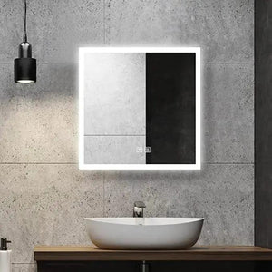 HAUSVITA Compact Edge Glow LED bathroom mirror with edge-lit frame above a wood vanity and white vessel sink.