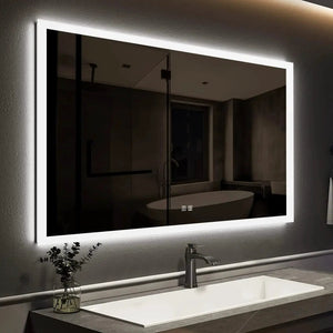 HAUSVITA Compact Edge Glow LED bathroom mirror with white edge lighting above the sink.