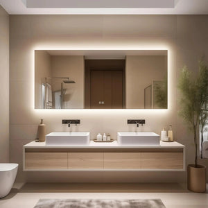 Deluxe Sleek Backlit LED bathroom mirror with warm edge lighting above a double vanity with two square sinks.