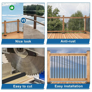 Durable hollow deck balusters with screws; HAUSVITA wood posts with black metal balusters, pre-cut and rust-resistant