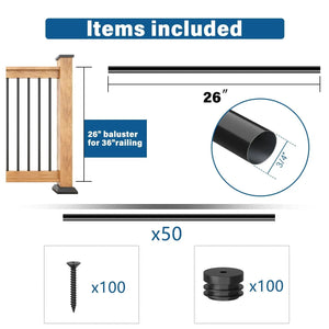 Hollow deck balusters with screws by HAUSVITA, 50 pcs for 36-in railing, black metal