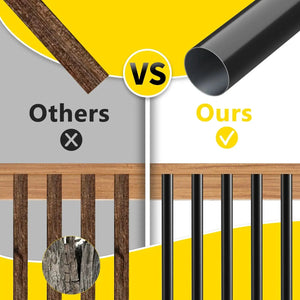 HAUSVITA hollow deck balusters with screws; black PVC balusters shown beside wood ones for a durability comparison.