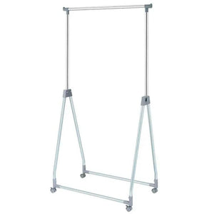 Folding extendable metal garment rack with lockable wheels, silver frame for the bedroom wardrobe.