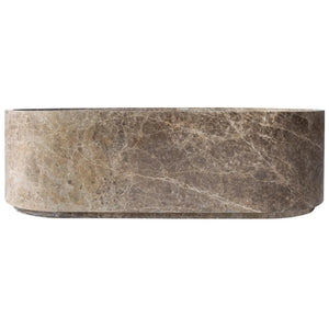 Emperador Light Marble Bathtub by Villohome, hand-carved solid brown marble with veining, curved edge