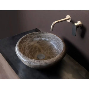 Villohome Emperador Brown natural stone marble vessel sink with brass wall-mounted faucet