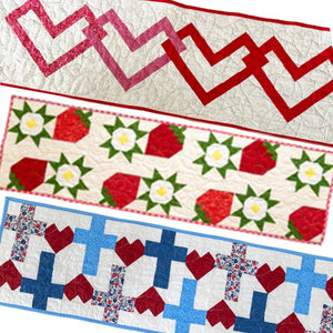 Favorite Things Precut Table Runner Bundle quilt kit by Block Party Quilt Co; includes 3 red, white, and blue runners.