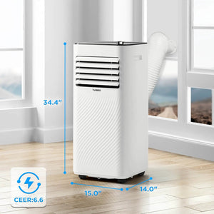 Finnmark 8,000 BTU portable air conditioner by TURBRO, white unit with front louvers and exhaust hose.