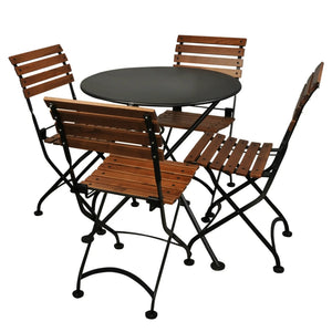 Five-piece outdoor dining set by Villohome; round 28-inch powder-coated steel table with four wooden slat chairs.